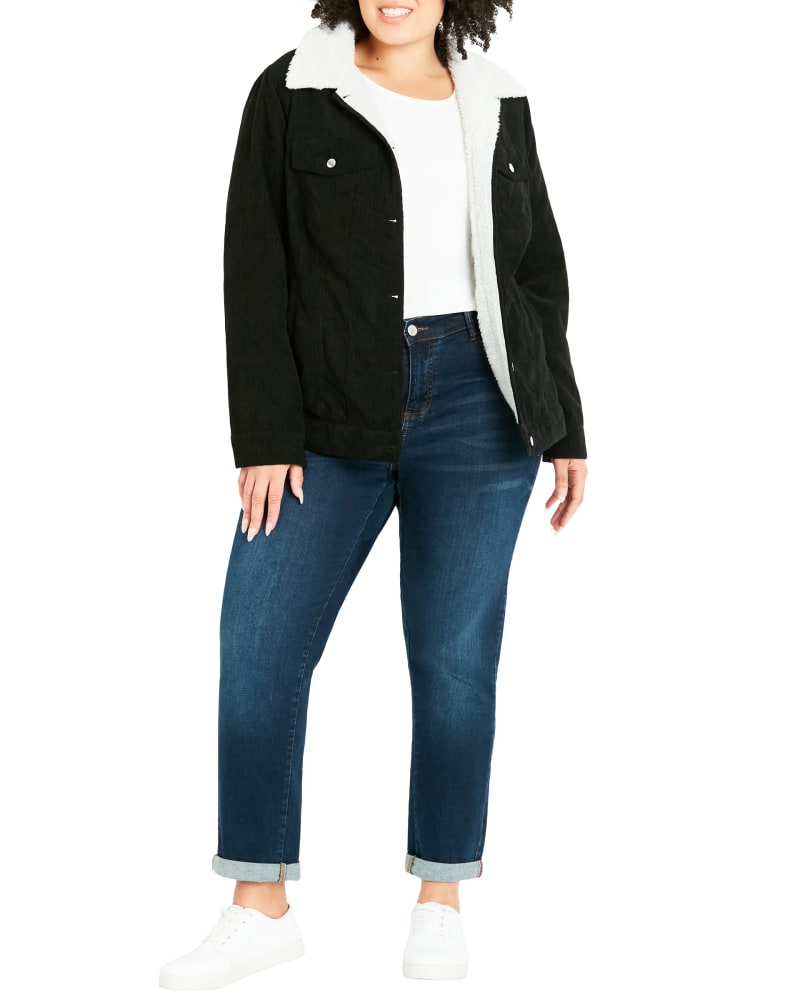 Front of a model wearing a size 20 JACKET CORD in Black / White by Evans. | dia_product_style_image_id:310488